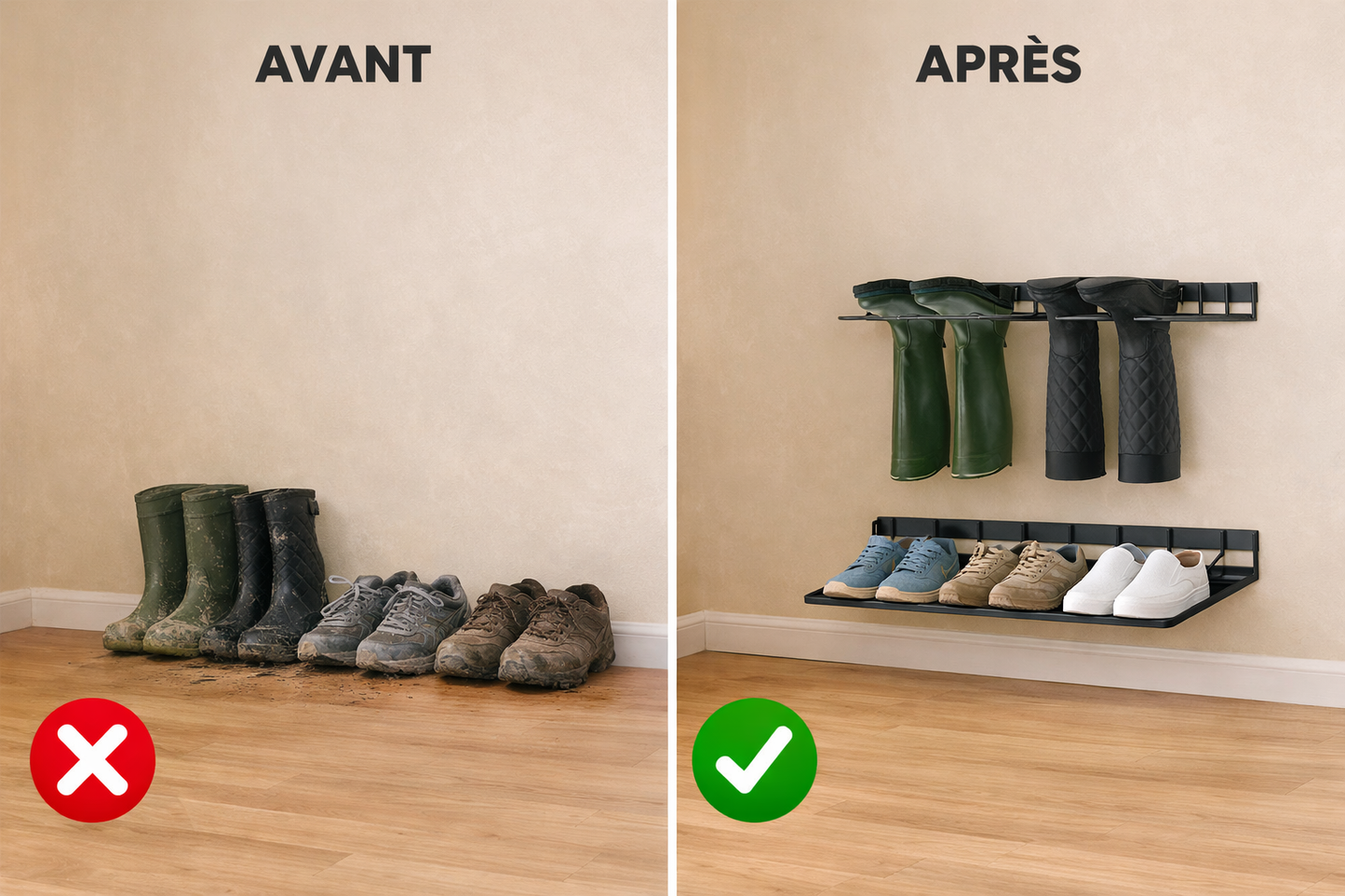 Support à chaussures murale image avant et après