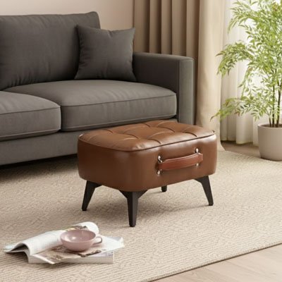 Tabouret marron dans un décor d'entrée de salon