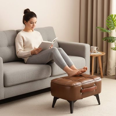 Personne assise avec ses pieds posé sur un tabouret marron