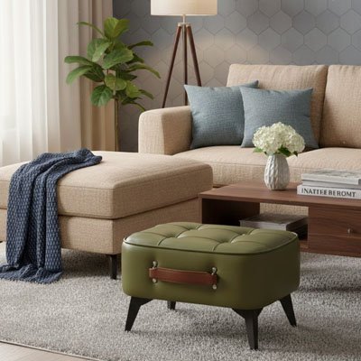 Tabouret vert olive dans un décor de salon