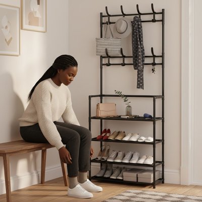 Femme assise à coter de l'étagère à chaussures 