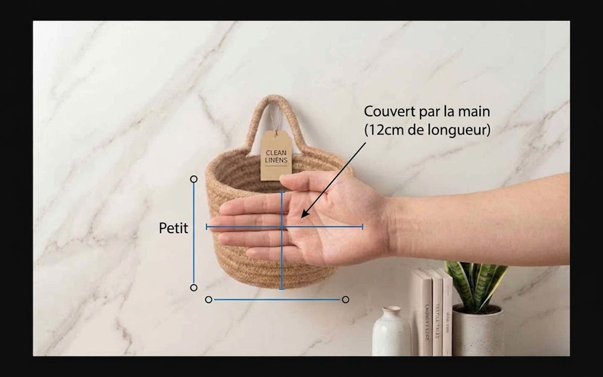 Visuel des dimensions du panier de rangement comparé à la grandeur d'une main