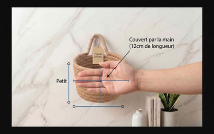 Visuel des dimensions du panier de rangement comparé à la grandeur d'une main