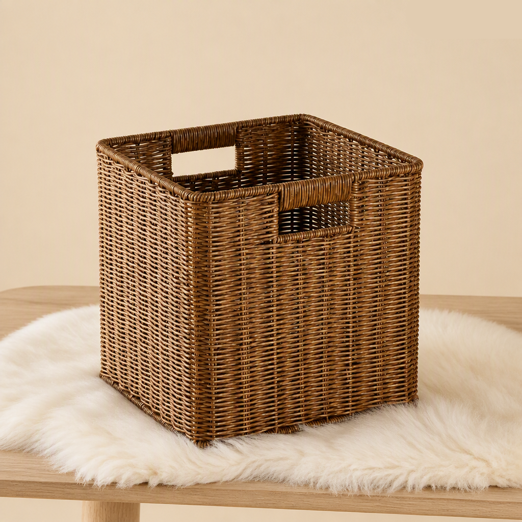 Visuel du panier de rangement 27 x 27 x 27 cm sur un lit de fourrure blanche