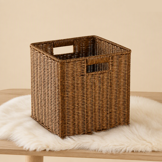 Visuel du panier de rangement 27 x 27 x 27 cm sur un lit de fourrure blanche